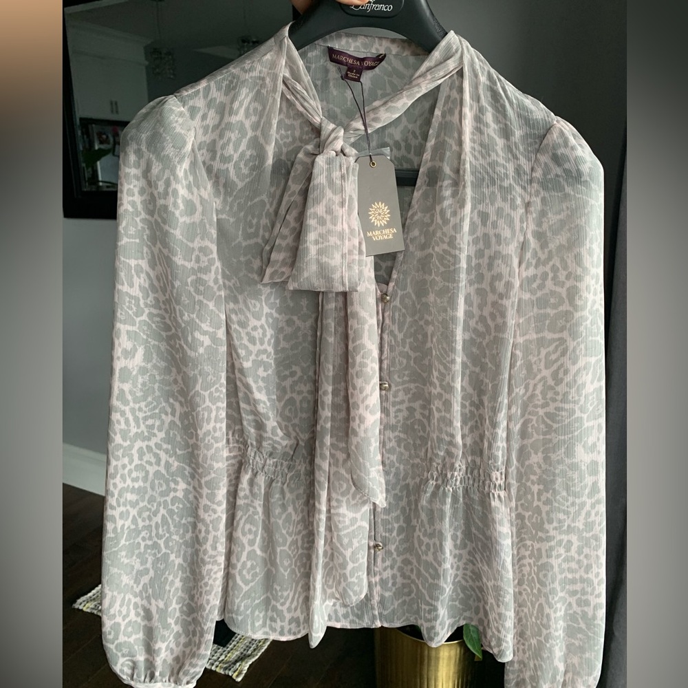 Marchesa Voyage boho tie neck sheer top sz 2 in blush leopard